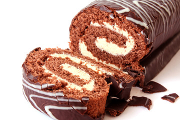chocolate Swiss roll on white