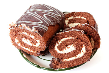 chocolate Swiss roll on white