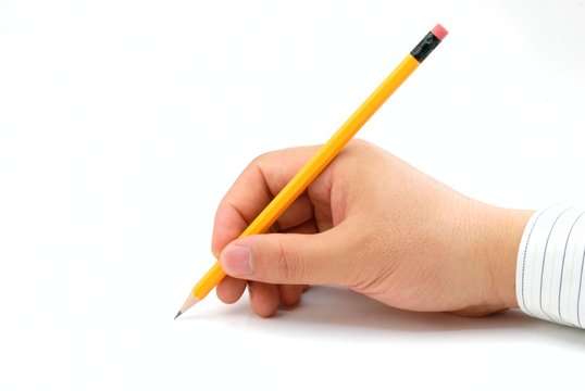 Pencil in hand isolated on white background