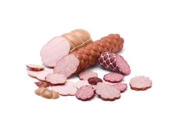 Cutting sausage on white