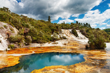 Hot spring in volcanic valley , New Zealand - obrazy, fototapety, plakaty
