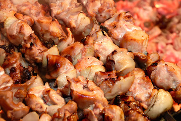Preparation of a shish kebab on fire