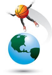 Basketball cartoon character flying around the world