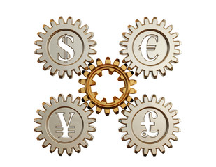 3D. Gear and currency symbols