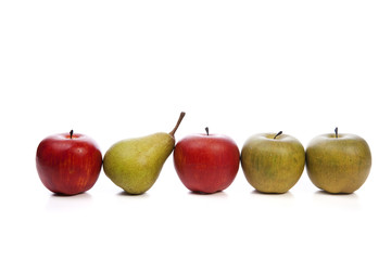 red apple and green pear isolated on white background