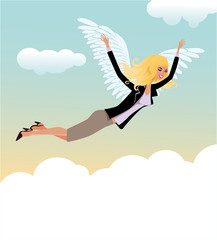 woman hovers in the skies of happiness