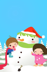 girl boy and snowman