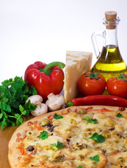 Pizza and ingredient on white