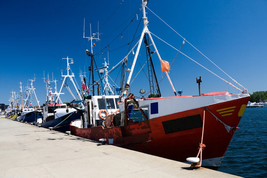 Row of commercial fishing ships in a dock