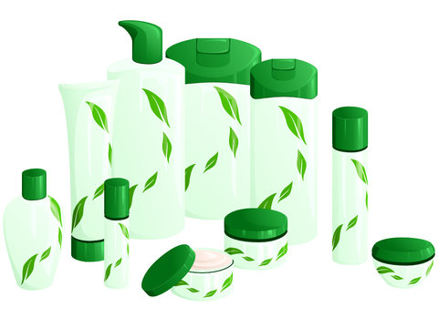 Line of beauty products, with a green leaf design