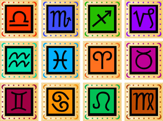 goldene quadrate mit farbigen tierkreiszeichen