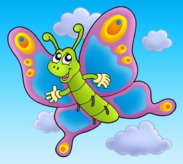 Cute cartoon butterfly on sky