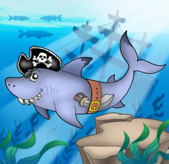 Photo sur Aluminium Pirates Requin pirate de dessin animé avec naufrage
