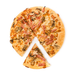 Pizza with mushrooms, ham and pineapple isolated on white .