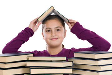 Adorable girl with many books