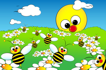Good morning with flowers, bees and sun: kid illustration style