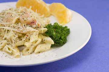 shimp penne pasta closeup bl