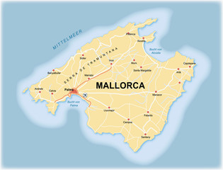 Karte von Mallorca (Spanien) mit Straßen, Autobahnen und Orten