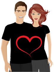 smiling young couple with valentines t-shirt