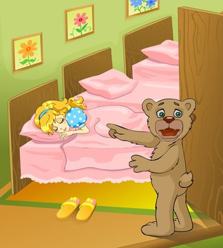 Fairy tale. Bear cub found a little girl sleeping in his bed.