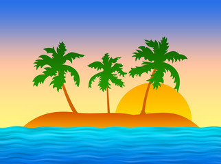 Fototapeta na wymiar Island with palms in blue ocean (evening)
