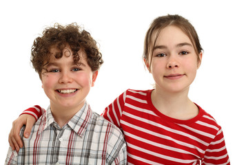 Portrait of two smiling kids isolated on white background