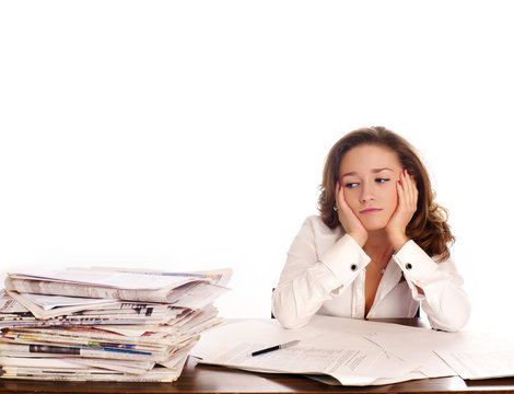 Crisis. A stressed businesswoman has a headcahe.