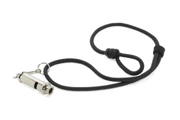 Fototapeta premium Metal whistle attached to black cord