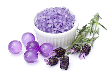 Spa essentials (bath salt, oil pearls and flowers of lavender)