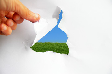 blue sky and green grass behind torn paper