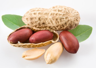 Peanut with pods and leaves on a white background.