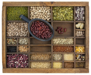 scoop of red kidney beans and a variety of grain and seeds