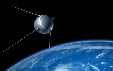 Sputnik satellite on earth orbit - obrazy, fototapety, plakaty