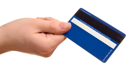 Blue credit card in a female hand