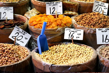 Baskets of snack food on a retail market .