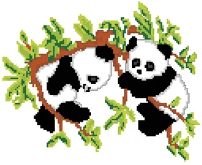 Papier Peint photo Pixels Pandas sur arbre Pixel Art