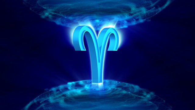 3d rotating aries zodiacal symbol in abstract space, loopable