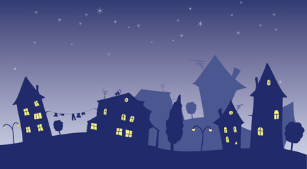 cartoon cottages at night