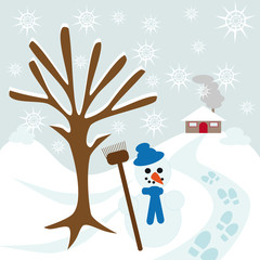 snow tree hill and house with snowman and some footsteps