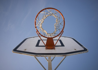 Basketball hoop seen from right under