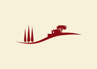 Vektor Haus Icon mit Hügellandschaft und zypressen