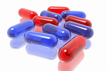 red and blue pills on white background