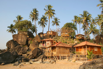 Bungalows on Palolem beach Goa India - obrazy, fototapety, plakaty