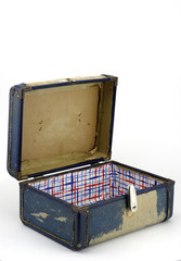 Battered Old Suitcase Open on White