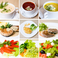 soup, meat, salad and other food