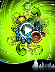 Illustration for a musical theme with speakers and play button.