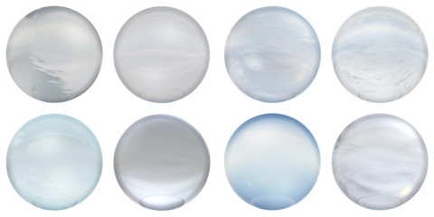 3d blue glass spheres group or collection isolated on white