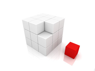 One individuality red cube on the white backround
