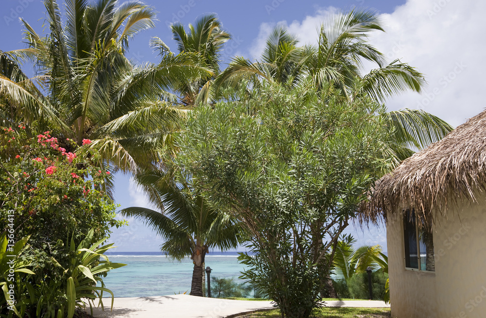 Wall mural Palm Thatched Hut on a tropical Beach