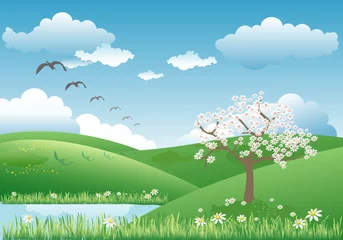 Papier Peint photo Oiseaux, abeilles Paysage avec arbre en fleurs
